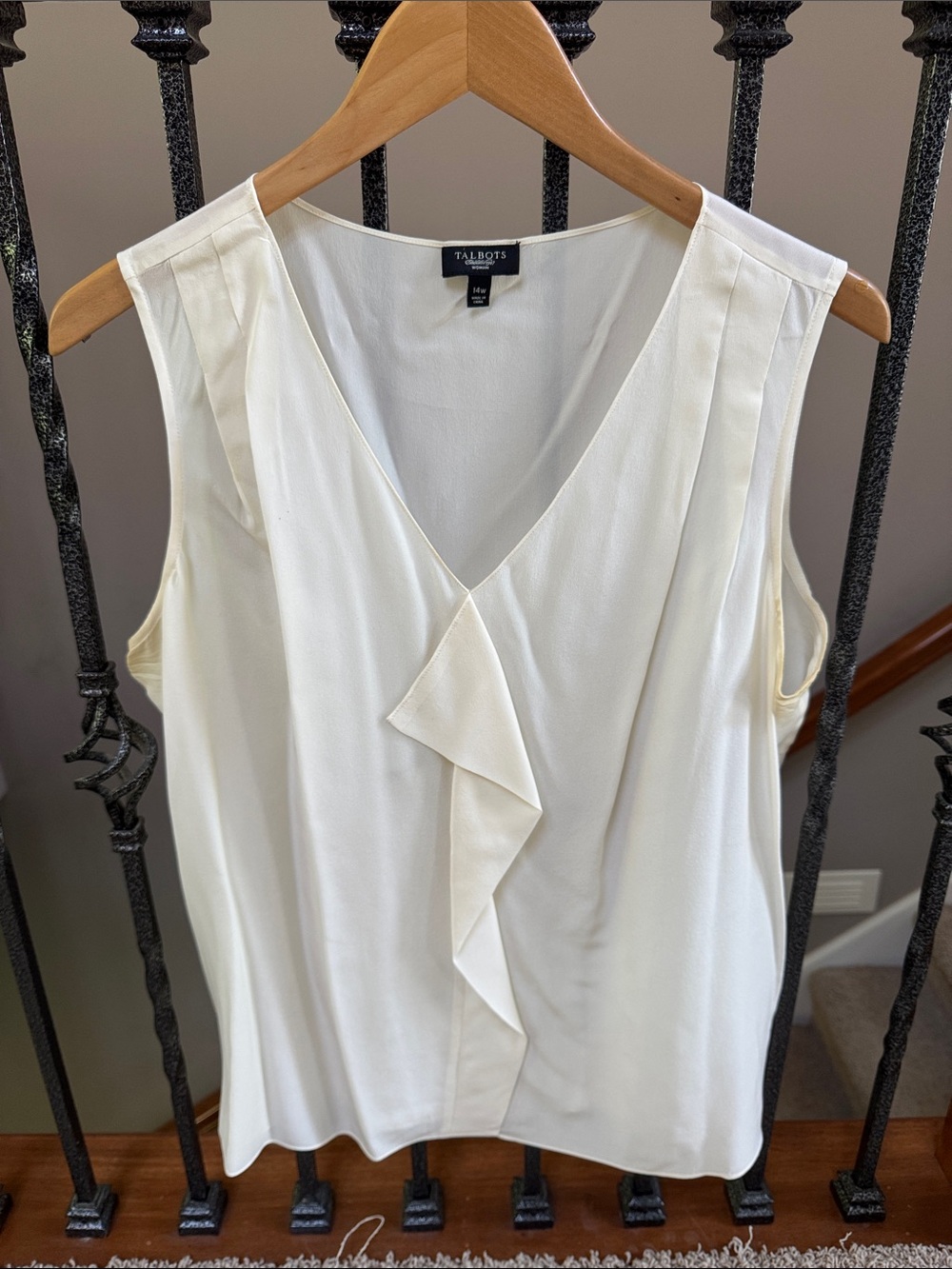 Talbots Silk Cream Sleeveless V-Neck Ruffle Front Blouse